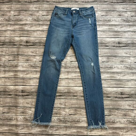 KanCan Women's Distressed Skinny Raw Hem Blue Jeans 5 26 High Rise Zipper Pocket - Picture 2 of 12